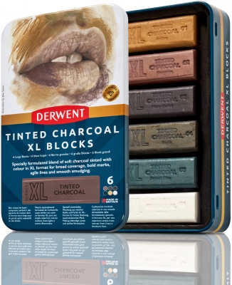 Carbune XL Derwent Proffesional, cutie metalica, solubil in apa, 6 culori/set, nuante pamantii